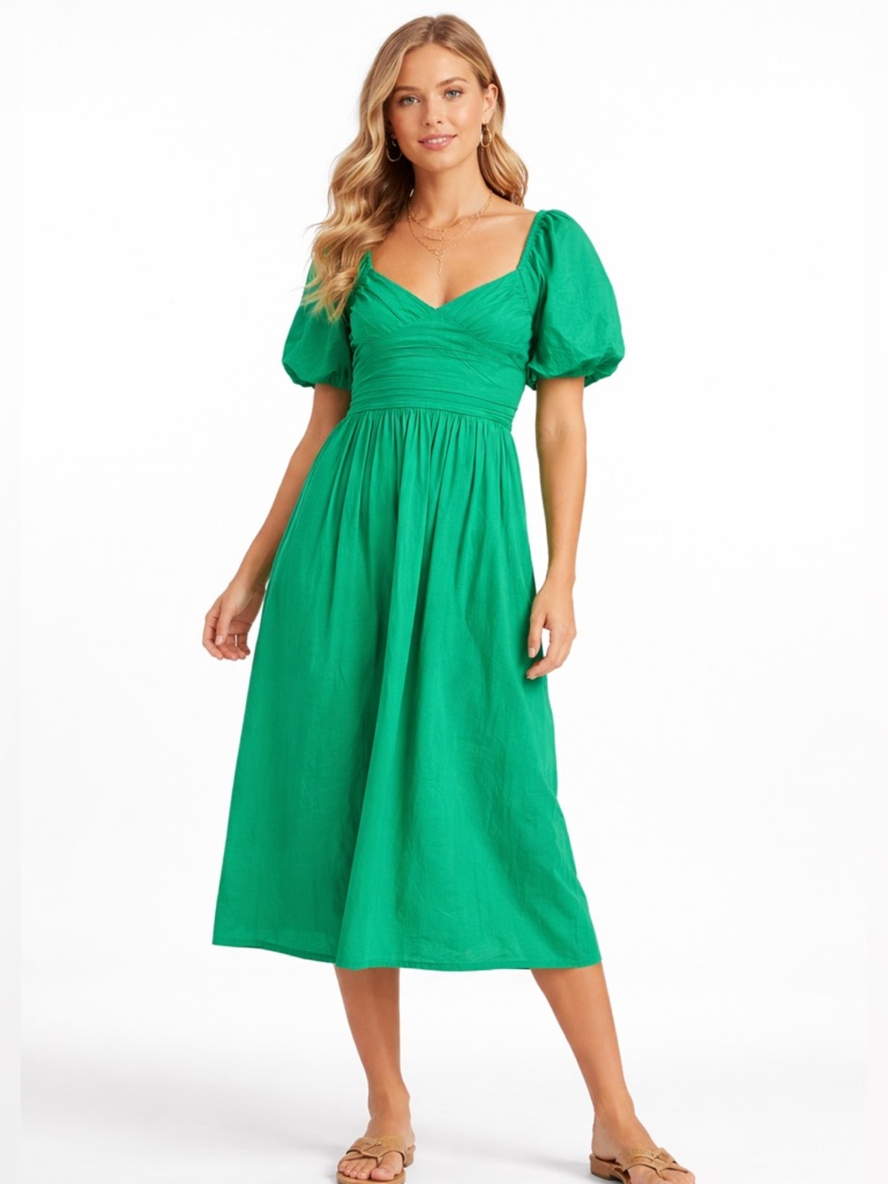 Crown & Ivy Green Cotton Smocked Puff Sleeve Midi Dress Cottagecore Sz S - Picture 1 of 5